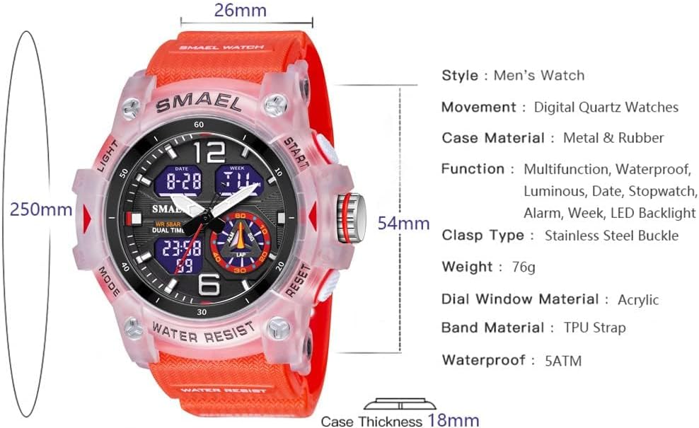Gosasa Men's Large Face Outdoor Sports Watches Military S-Shock Watch Waterproof, Backlight, Alarm, Stopwatch Features - Rugged Wristwatch for Training, Hiking, and Adventure