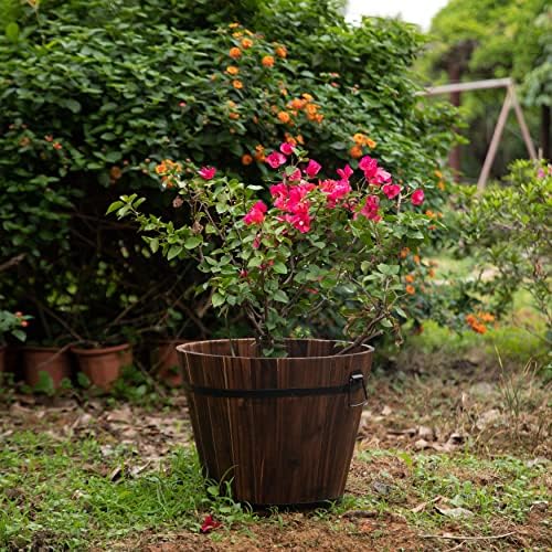 Rustic Wooden Whiskey Barrel Planter with Durable Medal Handles and Drainage Hole - Perfect for Indoor and Outdoor Plants, Herbs, and Vegetables - Medium