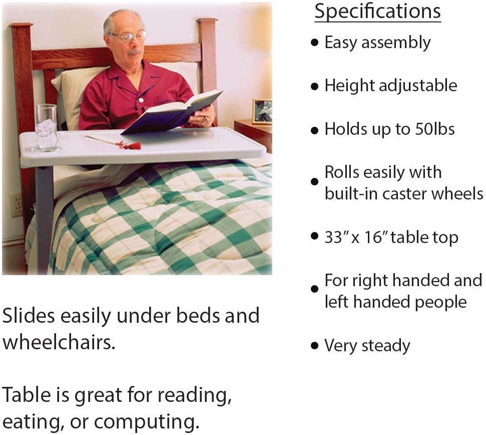 Carex Rolling Overbed Table, Hospital Bed Table, Laptop Tables for Recliner, Bed, Bedside and Sofa, Computer Tables, Hospital Tray