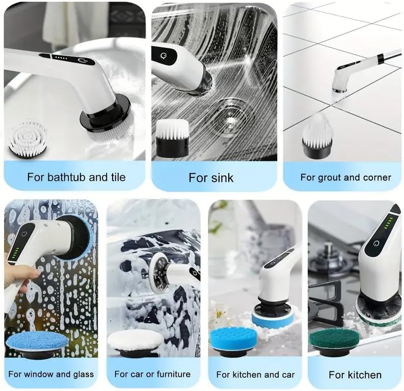 Electric Spin Scrubber, Cordless Cleaning Brush, Shower Cleaning Brush with 8 Replaceable Brush Heads