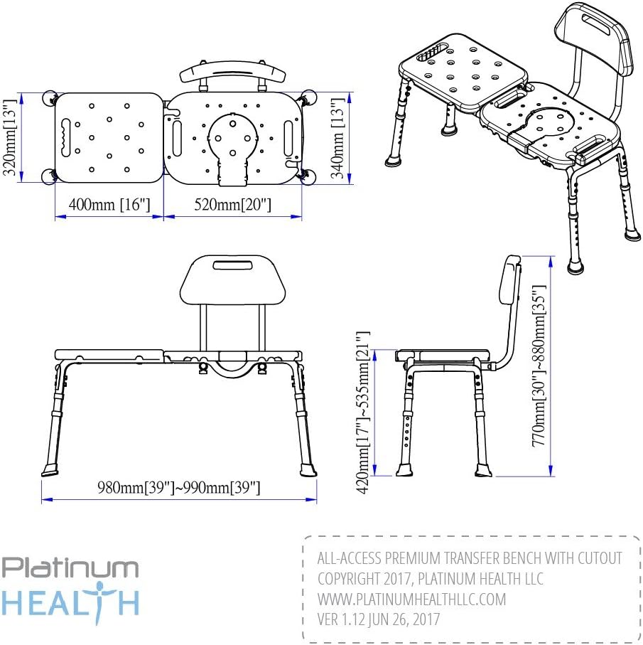 Tub Transfer Bench for Bathtub, All-Access Bath Bench with Cutout Seat | Slide Safely In & Out of the Tub - Blue, adjustable height, aluminum frame, cutout seat, extra-wide seat, cutout U-shape