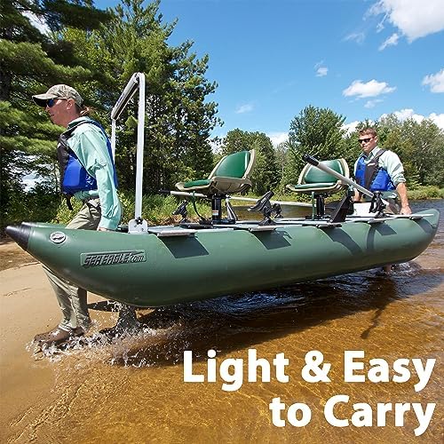 Sea Eagle 375fc FoldCat 1-2-Persons Inflatable Fishing Pontoon Boat, Lightweight & Portable, w/2 Green Swivel Seats, Pedestal, Oar Set, Scotty Rod Holders, Boat Bag, & Pump