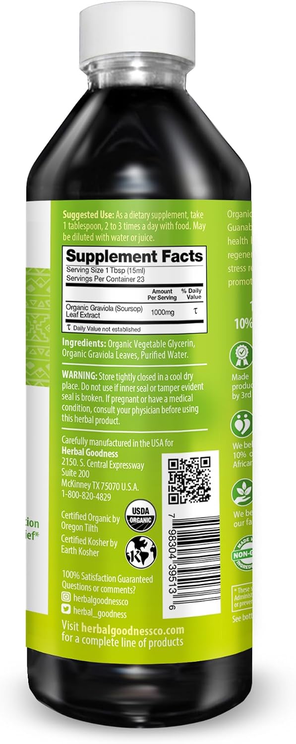 Herbal Goodness Soursop Graviola Liquid Drops Extract, Bitters 12Fl Oz | 15X Strength Organic Guanábana Hoja, Soursop Leaves Extract for Gut Health, Cell & Immune Support, Vegan, Non-GMO