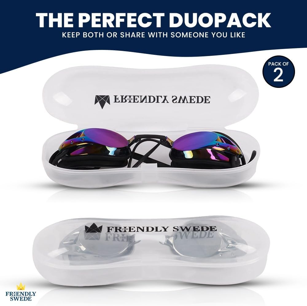 The Friendly Swede Goggles for Women & Men, 3 Nose Pieces & Case | 2 Pack, Wide Angle Lens, Anti Fog Swimming Goggles, 3 sizes of Interchangeable nose bridge (S, M, L), White/Black