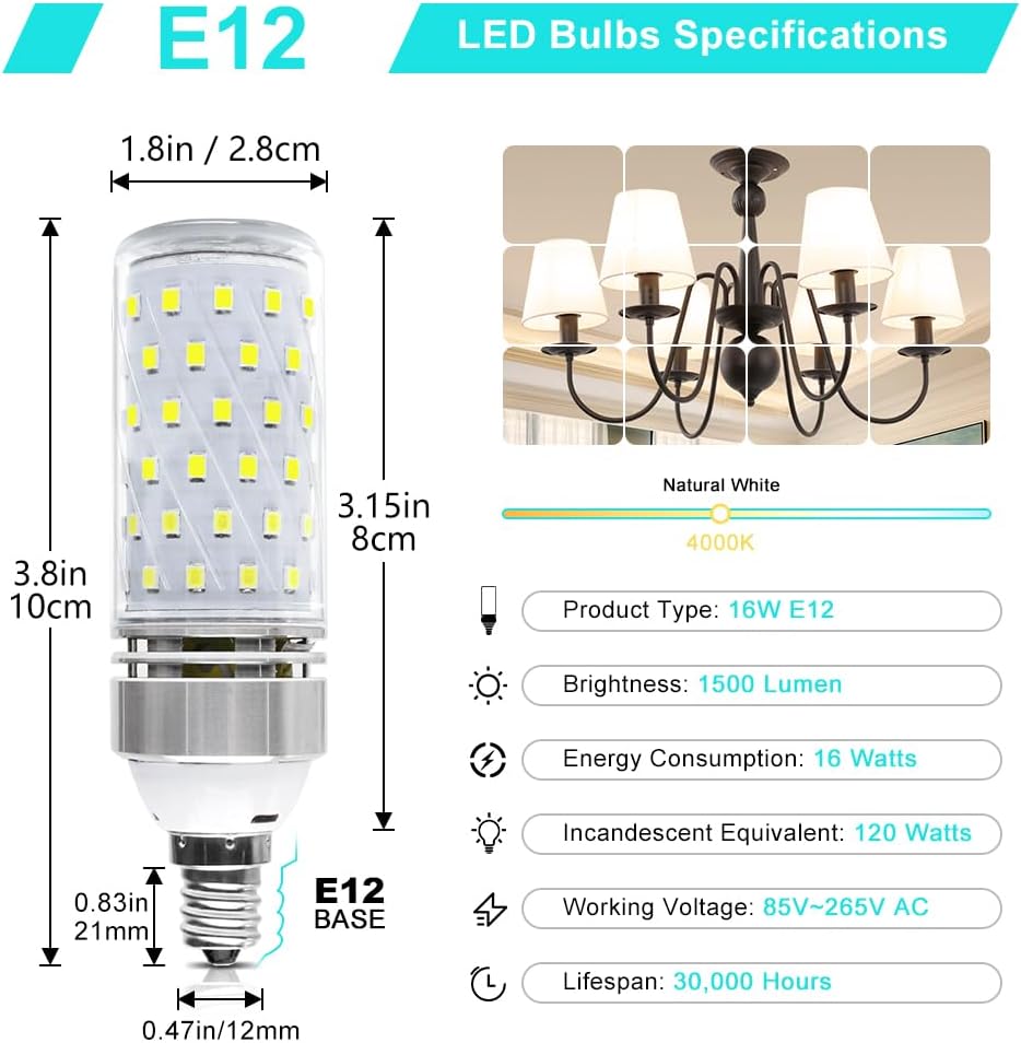 LEDLightsWorld Super Bright E12 LED Corn Bulbs, 16W 1500LM Bulbs, Daylight White 6000K Lights, CRI80+, 120W Incandescent Bulb Equivalent