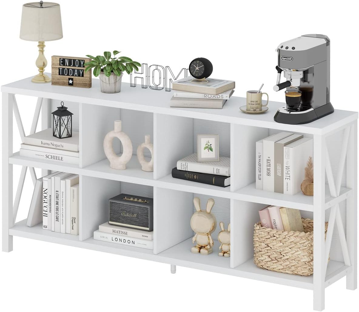 FATORRI 8 Cube Storage Organizer Bookshelf, 62 Inch Wood Horizontal Bookcase, Farmhouse Cube Long Book Shelf