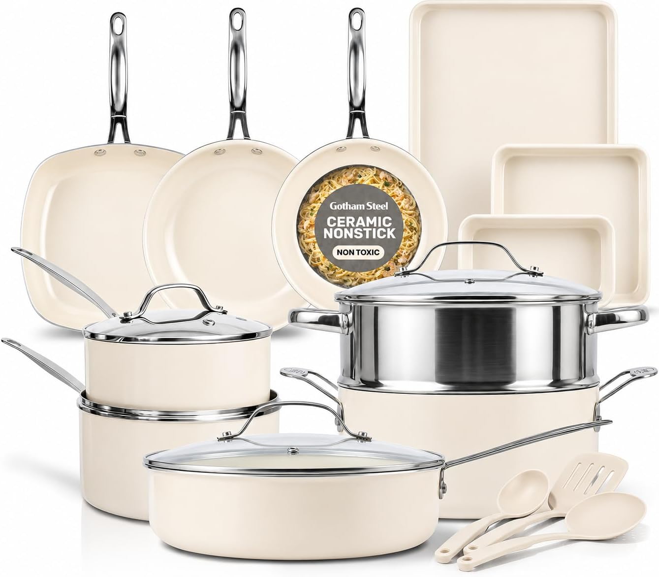 Gotham Steel 20 Pc Pots and Pans Set Nonstick Cookware + Bakeware Set, Complete Ceramic for Kitchen, Non Stick with Lids, Dishwasher / Oven Safe