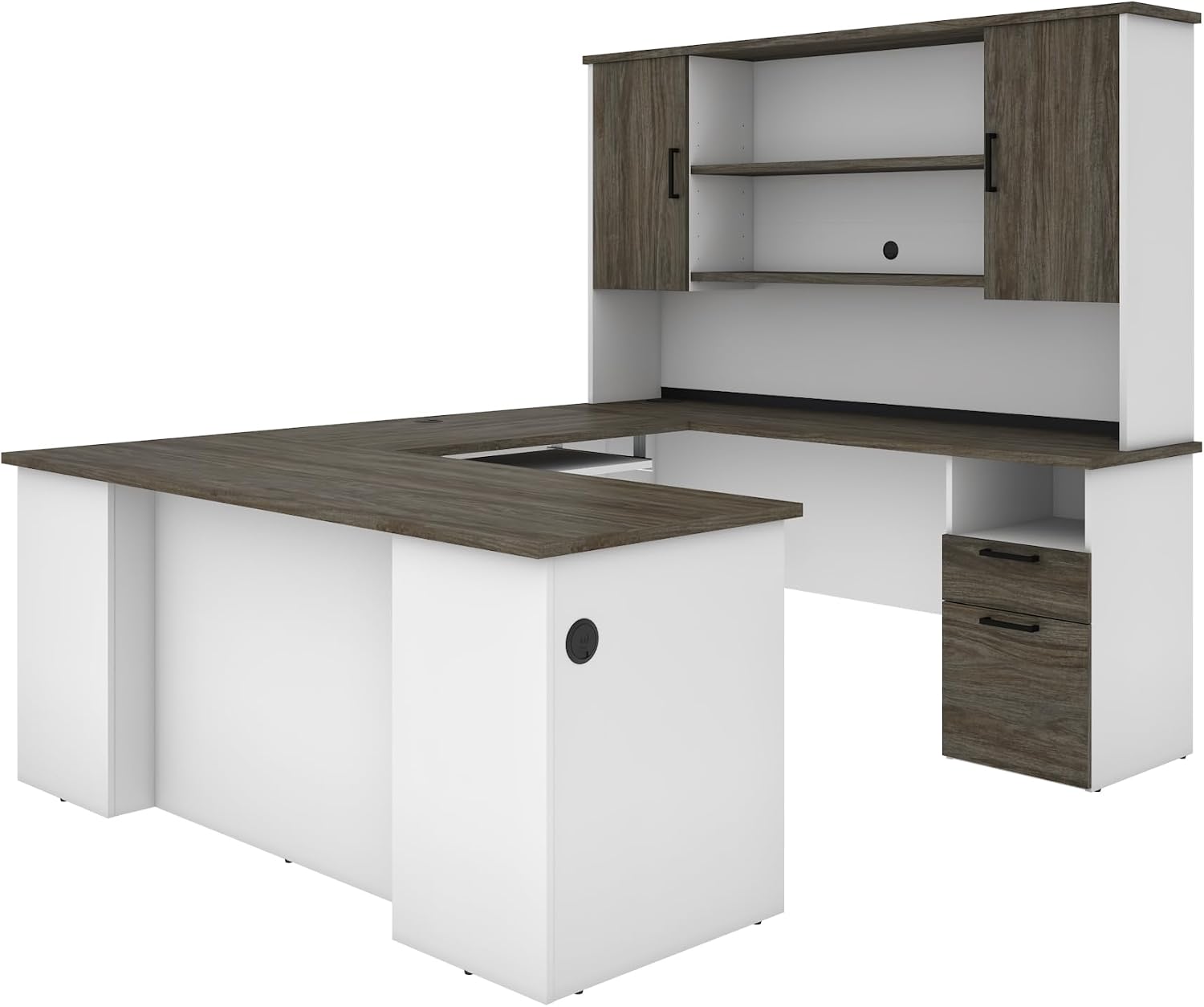 Bestar Norma 71W U or L-Shaped Executive Desk with Hutch in Walnut Grey & White