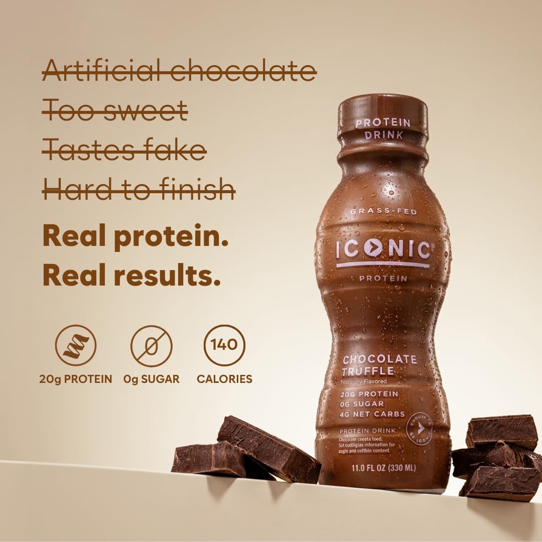 Iconic Protein Drinks, Vanilla Bean (12 Pack) - Sugar Free & Low Carb - 20g Grass Fed Protein - Lactose Free, Gluten Free, Non-GMO, Kosher - Keto Friendly Protein Shakes