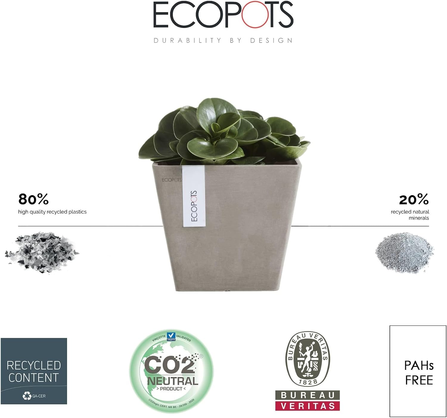 Ecopots Rotterdam Square Flower Planter, White Grey, 8" | Modern Style, Durable Recycled-Based Composite Construction, Weather and UV-Resistant, for Indoor/Outdoor Use
