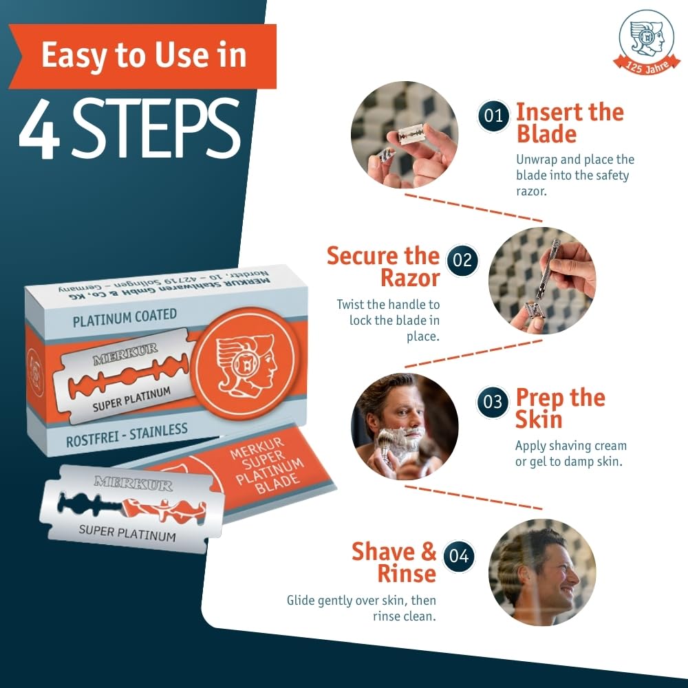 MERKUR SUPER Double Edge Safety Razor Blades, 10 Count (Pack of 3), Precision Stainless Steel Blades with Platinum and Teflon Coating