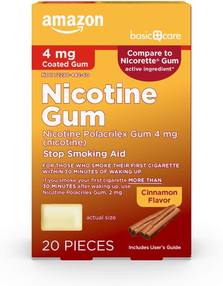 Amazon Basic Care Nicotine Polacrilex Coated Gum 4 mg (nicotine), Cinnamon Flavor, Stop Smoking Aid, Quit Smoking, Reduces Nicotine Cravings, 160 Count