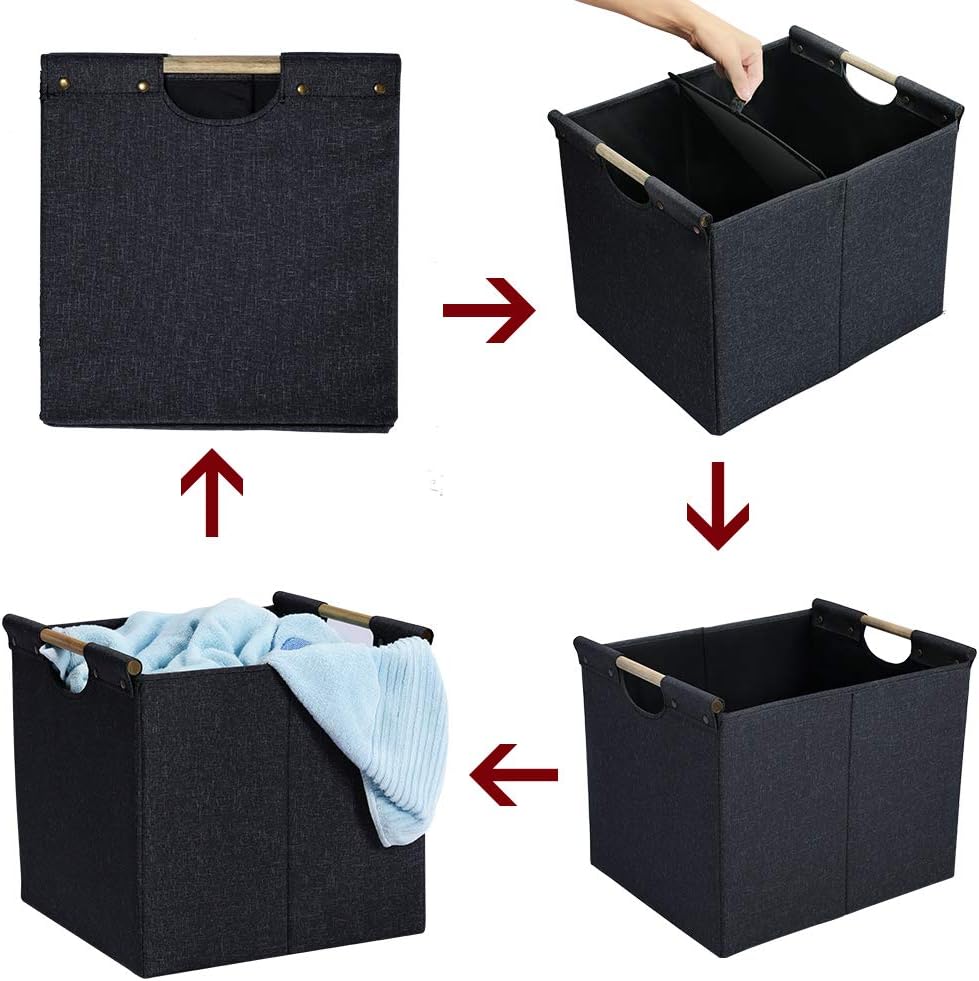 HOONEX Large Collapsible Storage Bins, Linen Fabric, 2 Pack, Storage Baskets with Wooden Carry Handles and Sturdy Heavy Cardboard, for Home, Office