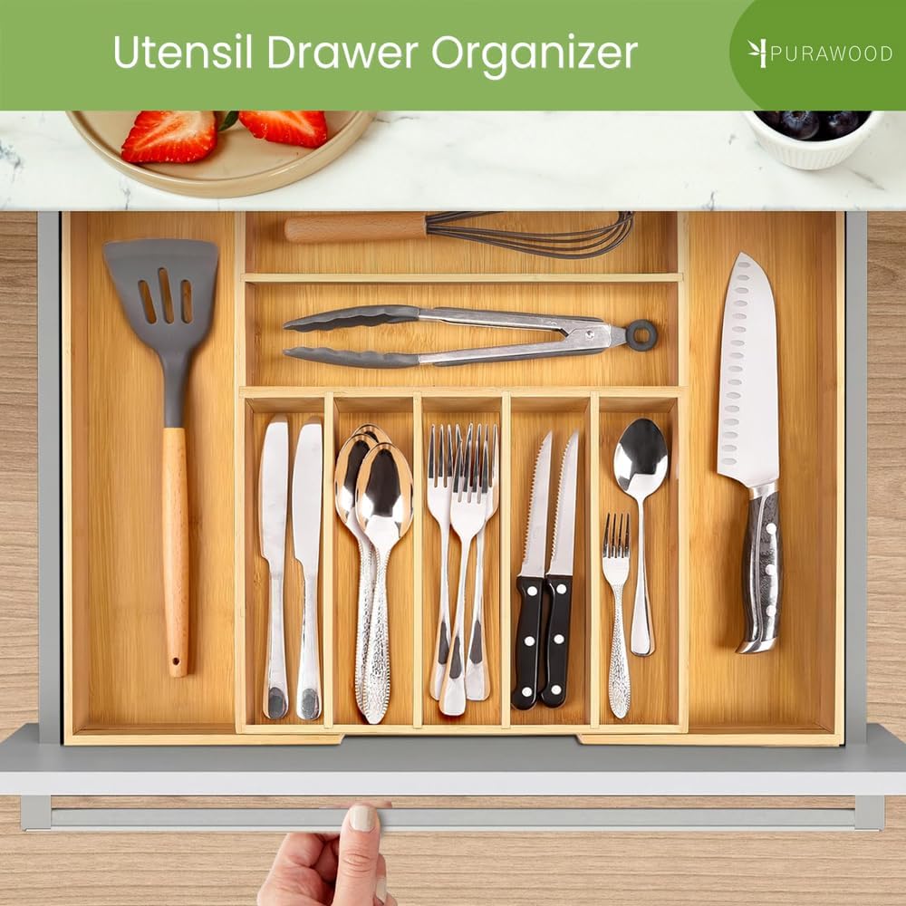 Purawood Kitchen Drawer Organizer - Expandable Utensil Drawer Organizer for Kitchen, Cutlery Tray & Silverware Organizer