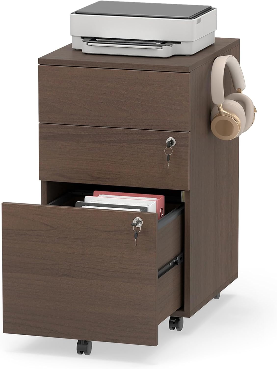 Mobile File Cabinet with 3 Drawers, Wooden Rolling Filing Cabinet with Lock, Under Desk File Organizer for A4/Letter/Legal Size, for Home Office, Study (White)