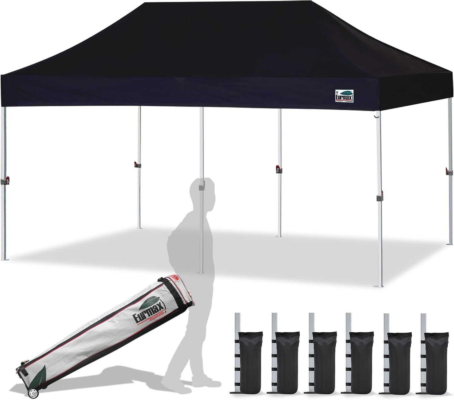 Eurmax USA 10x10ft Pop Up Canopy,Commercial Instant Tent for Outdoor Events,Patented No-Tip Rolling Storage Bag with 4 Sandbags,UV & Water Resistant,Heavy Duty Portable Shelter Gazebo,Black