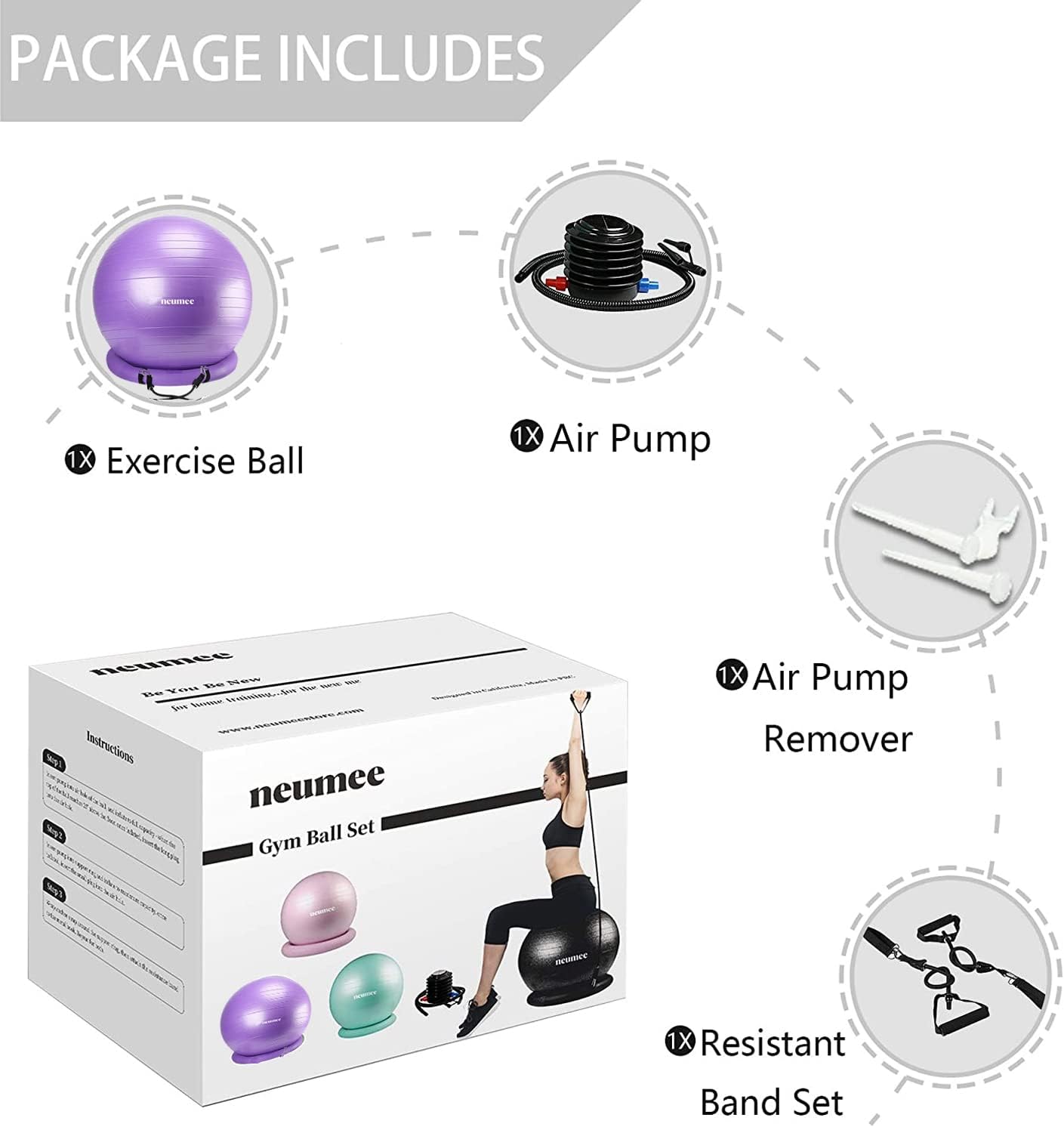 Yoga Ball Chair with 65cm Exercise Ball & 2 Resistance Bands, Stability Base for Home Office, Yoga, Pilates & Fitness, Balance Ball for Posture