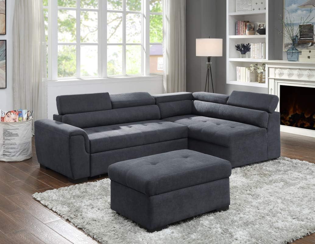 Lilola Home Haris 97-inch Dark Gray Woven Fabric Sleeper Sectional Sofa with Adjustable Headrests and Storage Ottoman – Pull-Out Bed Couch with