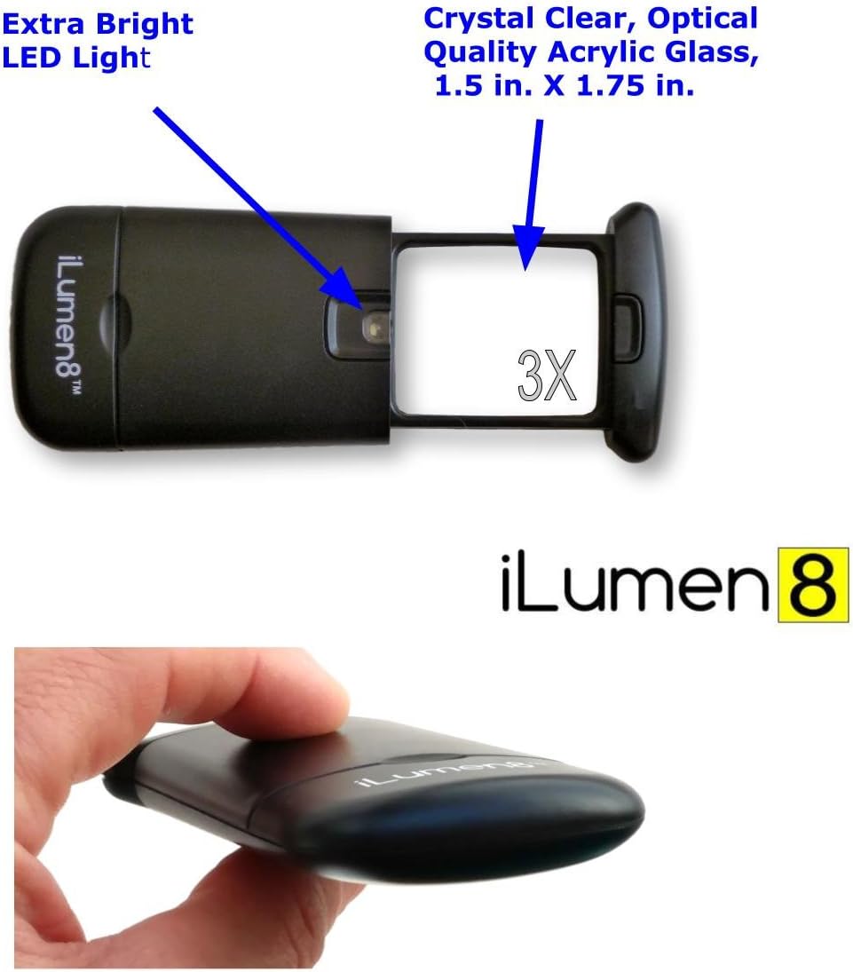 Best Pocket Magnifying Glass by iLumen8-3X Small Magnifier with Lights. Great for Seniors, Kids, Travel. Fits into Purse or Pocket Read Maps, Menu