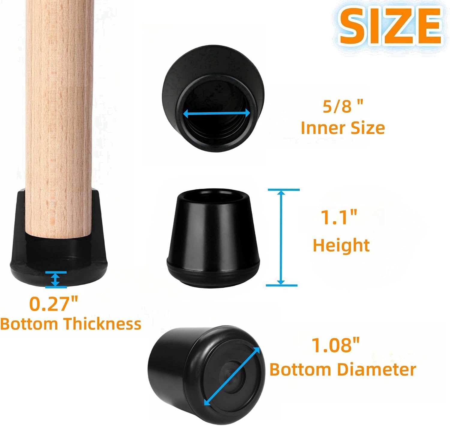 Furnigear Chair Leg Tips Caps Non-Slip Rubber Leg Tips 1-1/2” Inner Diameter Chair Leg Floor Protectors Round Black 4 Pack (Fit Round Diameter