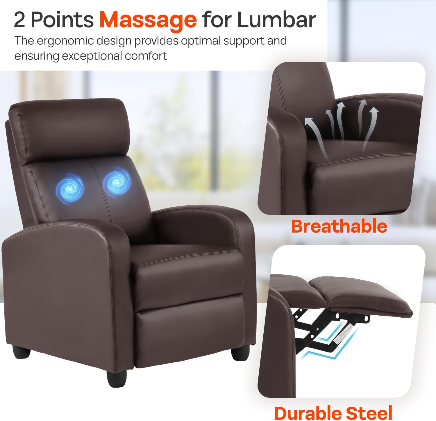 FDW | Recliner Chair | with 2 Point Massage Function | Black, PU Leather
