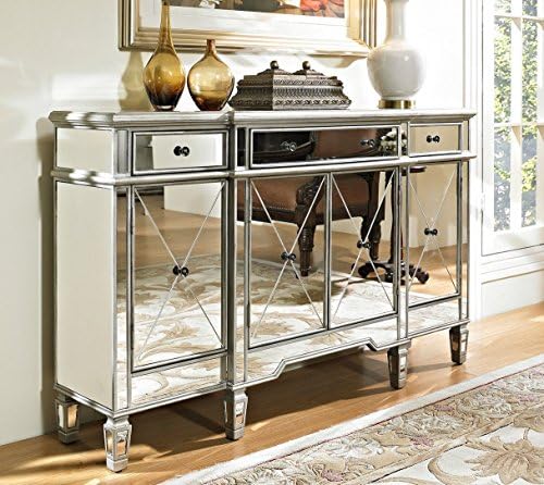 60" Silver Wood Frame Mirrored Panels Andrea Storage Sideboard Buffet Cabinet for Living Room