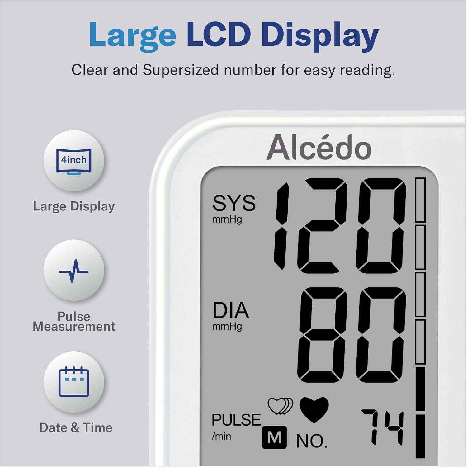Alcedo Blood Pressure Monitor for Home Use, Upper Arm Cuff BP Machine | Large LCD Screen, Talking Function, 2x120 Memory, Large Cuff (8.7–16.5"), Batteries+USB Cable