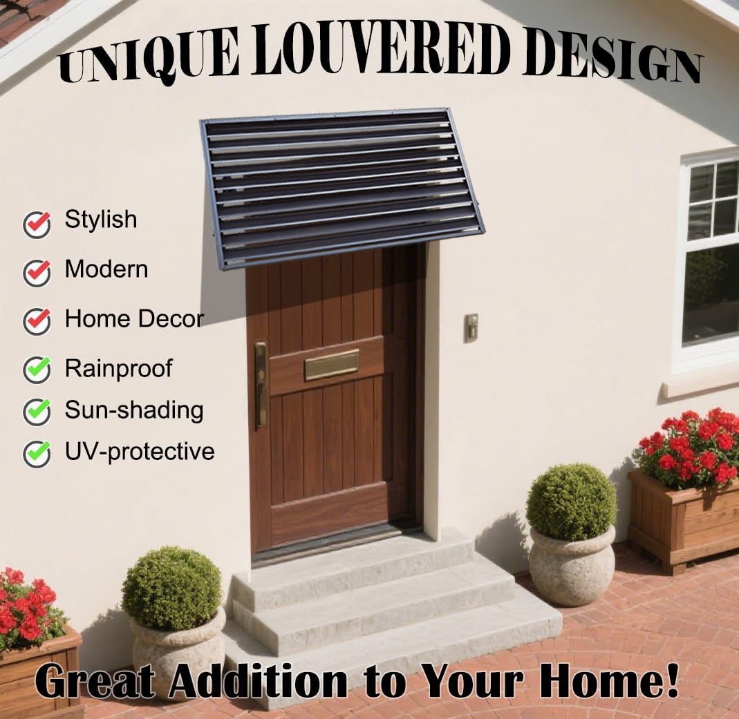 56 in W x 32 in H Shutters Window Awnings Exterior, Aluminum Black Window Shutters Fixed Metal Awning for Door Entrance, Windows