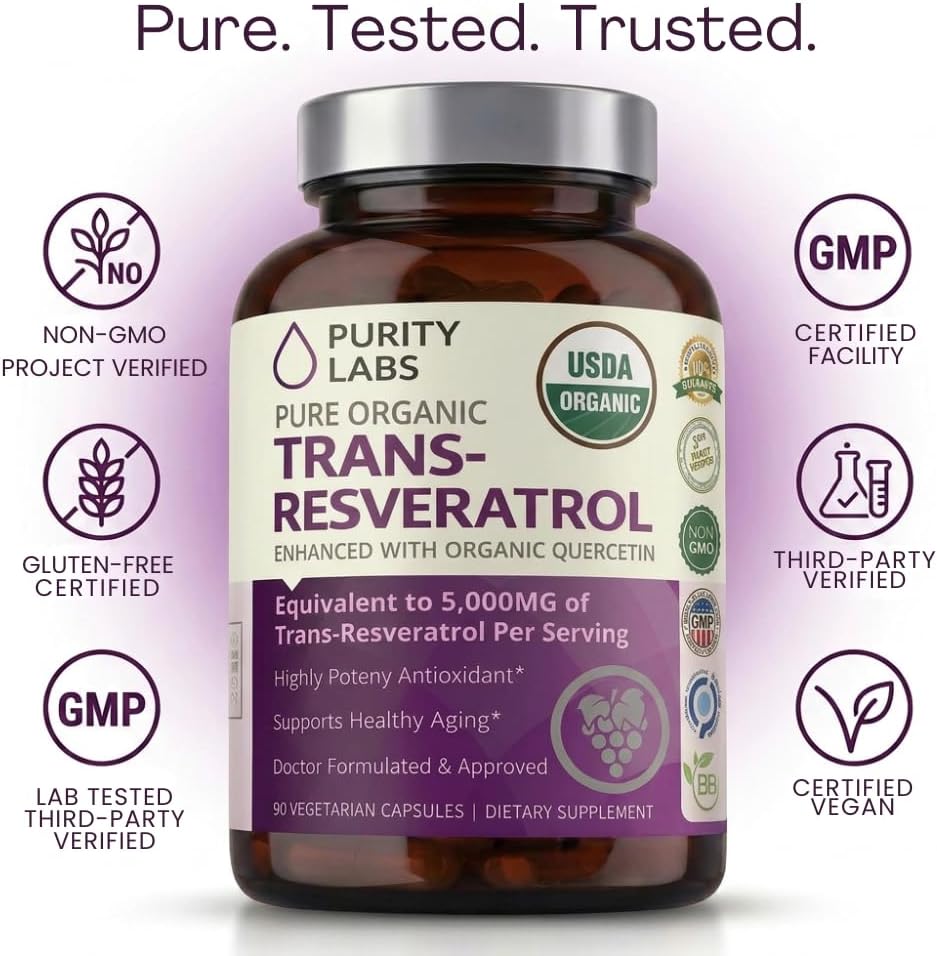 Purity Labs Trans-Resveratrol Supplement 5, 000 mg Equivalent per Serving with Quercetin, USDA Organic High Potency Antioxidant, Vegan Capsules