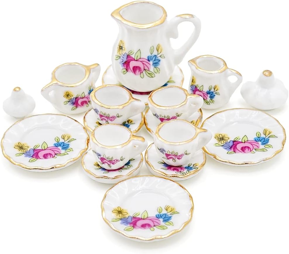 Odoria 1/12 Miniature Porcelain Tea Set 15Pcs Dollhouse Decoration Accessories, Grapes