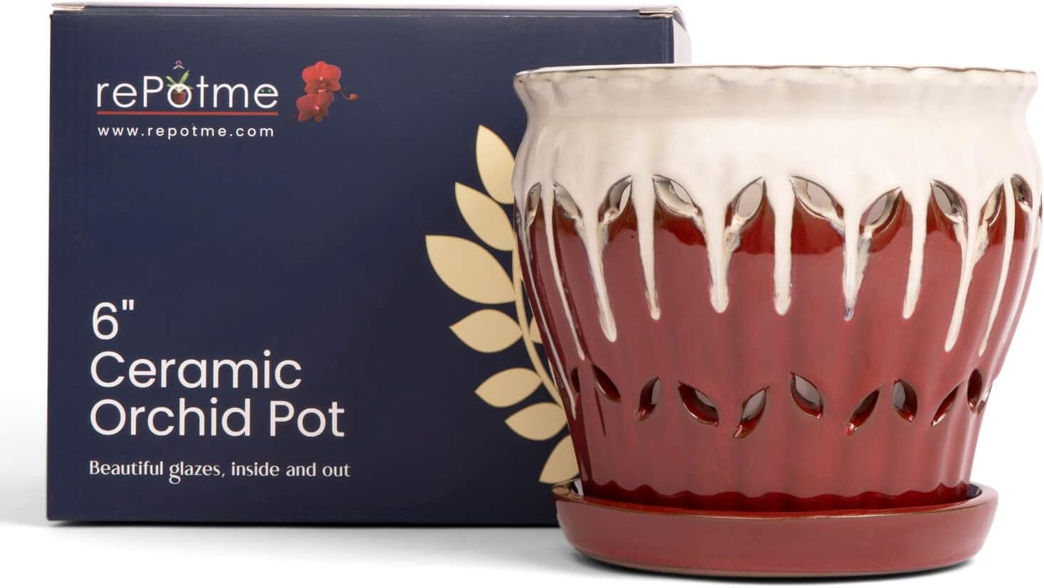 rePotme 6" Pinwheel Fluted Ceramic Plant Pot (Cream Over Lavender) - Includes Free 6 inch Slotted Pot Liner - Great for Orchids, Succulents