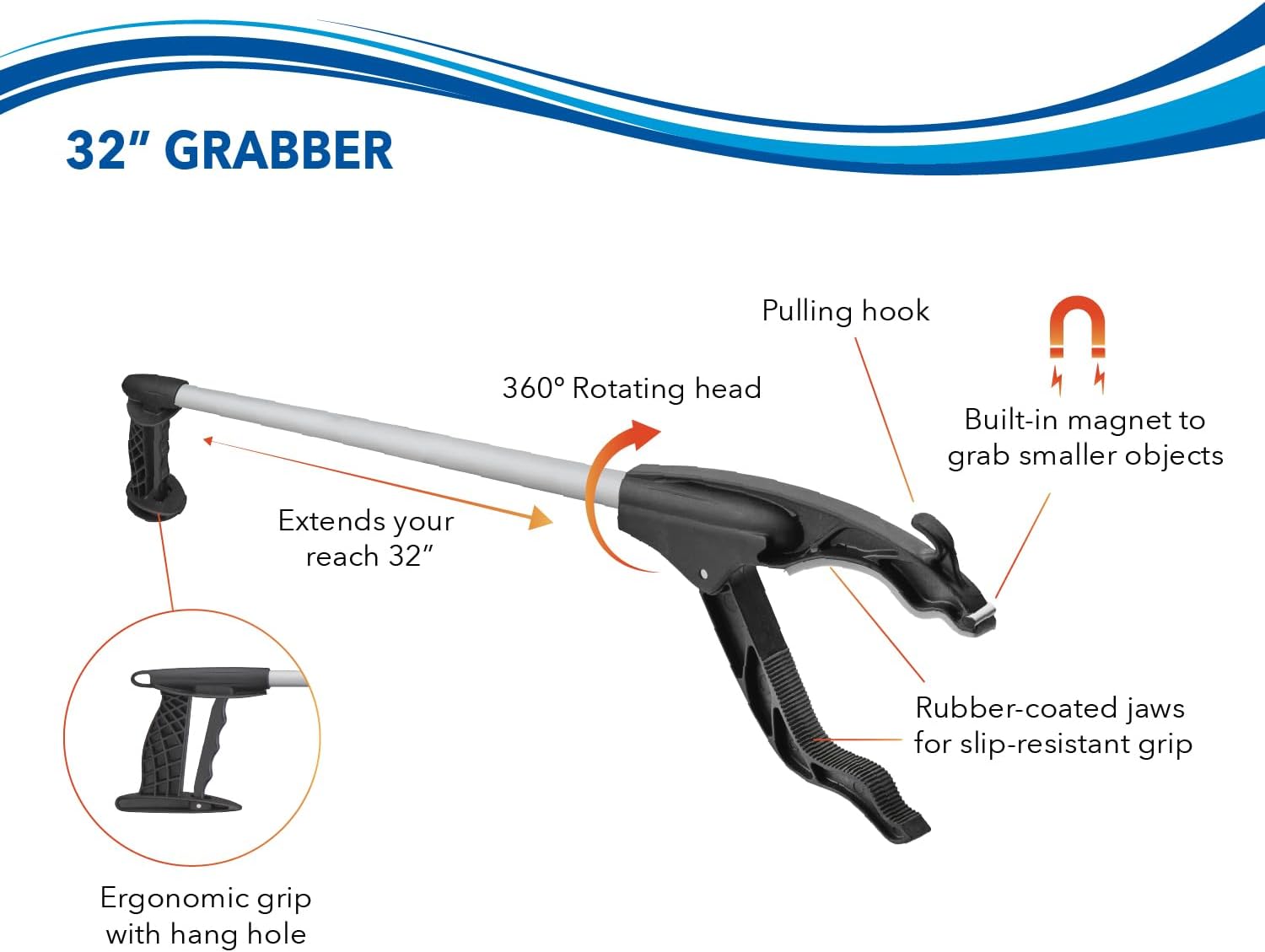 Unger 32” Grabber Plus Reacher Tool and Trash Picker Upper, Built-In Magnet and Economic Grip, Claw Pickup and Yard Clean Up, Reaching Assist for Seniors, Safely Perform Tasks