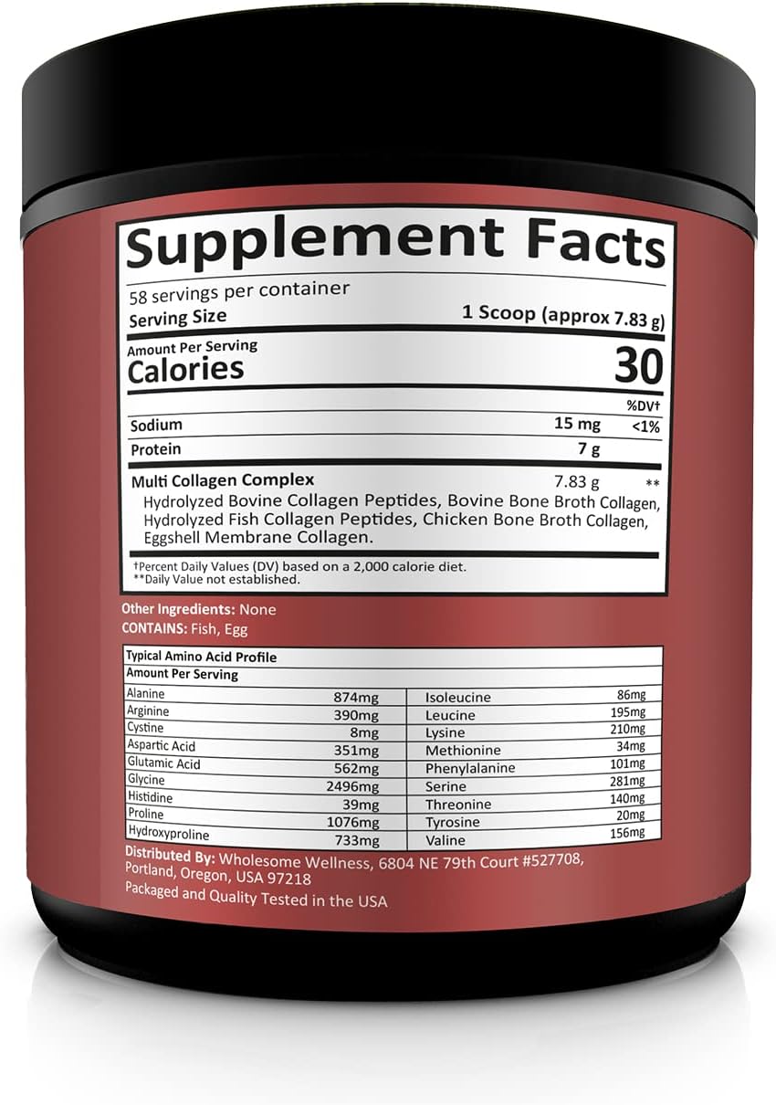 Wholesome Wellness Premium Multi Collagen Peptides Protein Powder for Women and Men, 5 Types of Hydrolyzed Collagen, Grass-Fed, Non-GMO & Unflavored