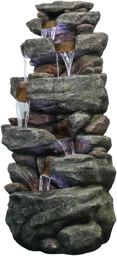 PeterIvan Outdoor Relaxing Waterfall - 6-Tier Fountain with 6 LED Lights, Stone-Liking Resin for Patio, Garden, House&Office (40.6in, Grey)