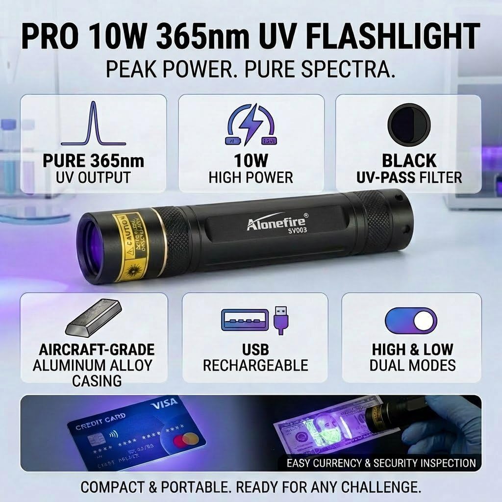 ALONEFIRE SV003 10W 365nm UV Flashlight Portable USB Rechargeable Woods Lamp Black Light for Pet Urine Detection, Resin Curing, Scorpion, Fishing