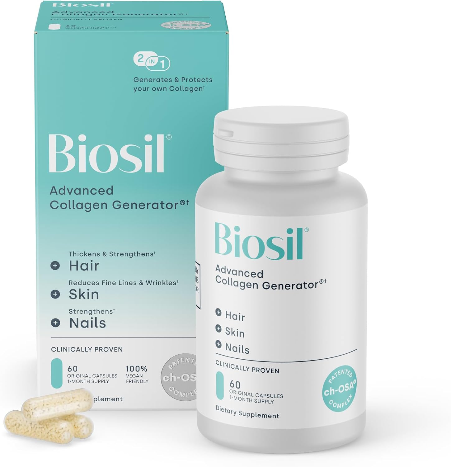 Biosil Collagen Booster Supplement - 120 Original Capsules - Patented ch-OSA Activator for Skin, Hair, Nails & Joints - Supports Natural Production - 60-Day Supply