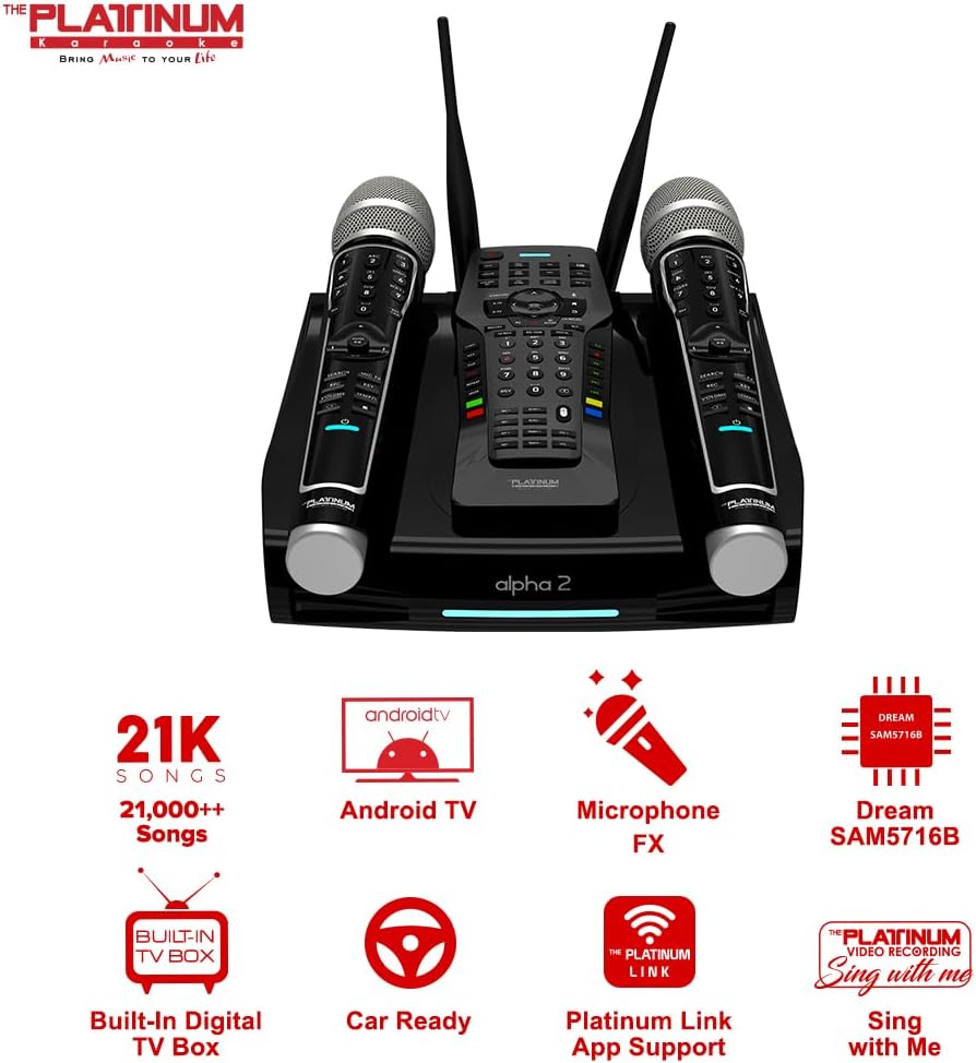 The Platinum Karaoke System for Adults Features Dual UHF Metal Wireless Dynamic Mic, Supports 4K UHD Movie Playback