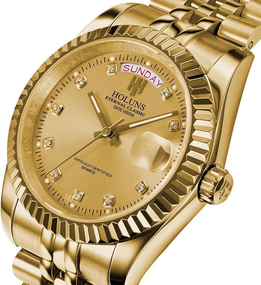 41MM Men's Gold Plated Stainless Steel Waterproof Quartz Watch Luxury Wristwatch with Date Week Display