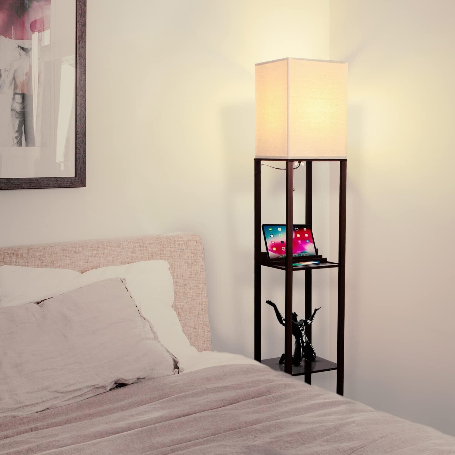 Brightech Maxwell Charger - Modern Shelf Floor Lamp with USB Charging Ports & Electric Outlet - Corner Display Floor Lamps with Shelves for Living