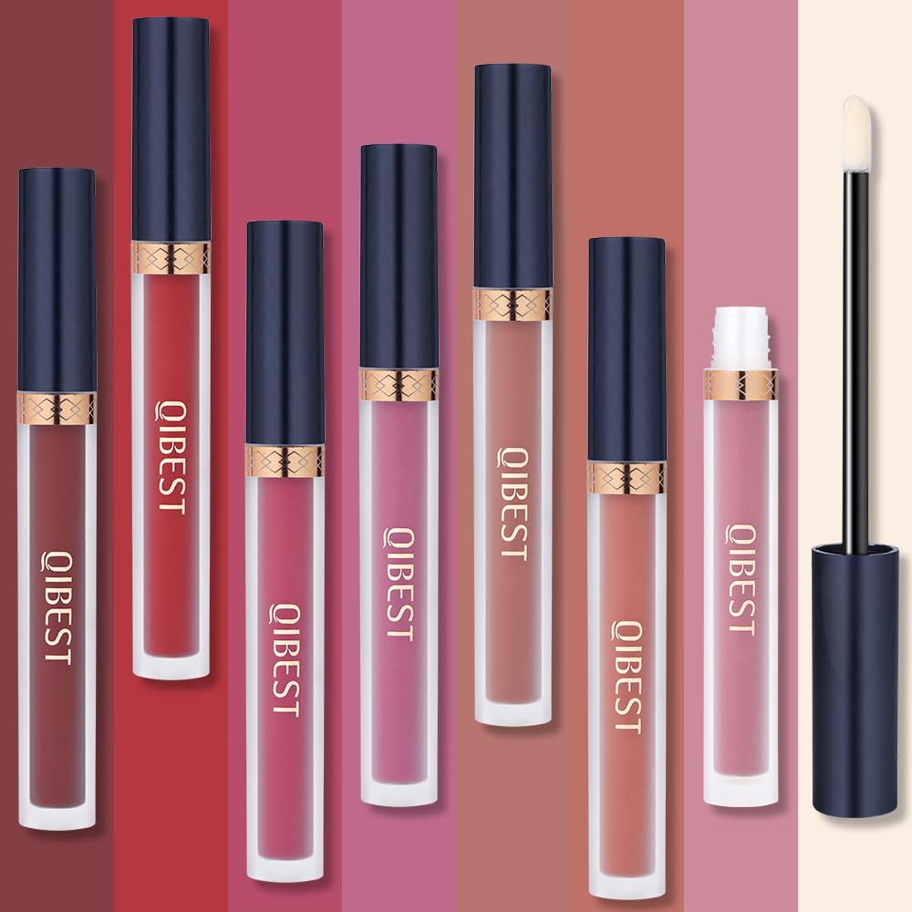 QiBest 7Pcs Matte Liquid Lipstick + 1Pcs Lip Plumper Makeup Set Kit, Pigmented Long Lasting Lip Gloss Set