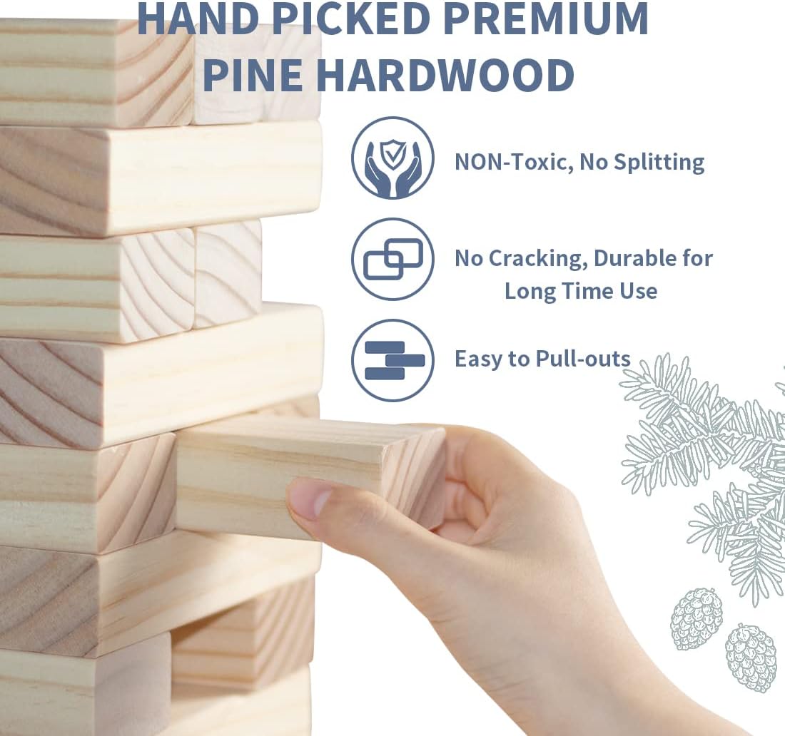 Megwoz Giant Tumble Tower Games for Kids and Adults 57 Blocks New Zealand Pine Wooden Blocks Stacking to Over 4.2FT Family Game for Indoors Outdoors