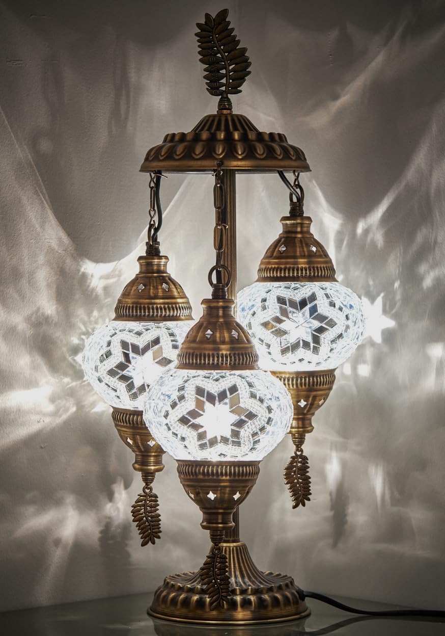 DEMMEX 3-Globe Turkish Moroccan Table Lamp, Tiffany Mosaic Glass Bedside Night Light, Handmade Colorful Mosaic Glass Globes & Antique Brass Finish Base, 21" H, Multicolor