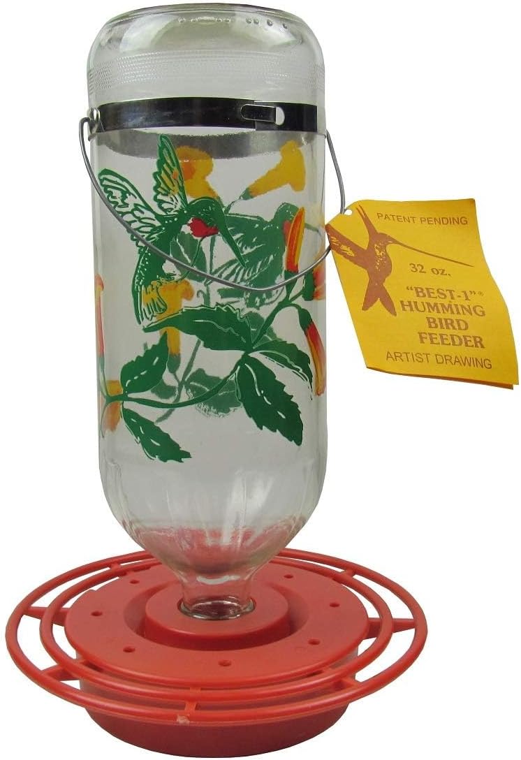 Original Best-1 Flowers Hummingbird Feeder 32 Ounce Glass Bottle, Plastic Base