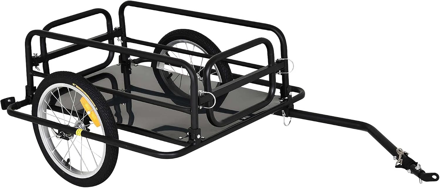 Aosom Bike Trailer Foldable Bicycle Trailer16 Inch Pneumatic Tire Black | Universal Coupler, Foldable Frame, Safe Reflectors Design