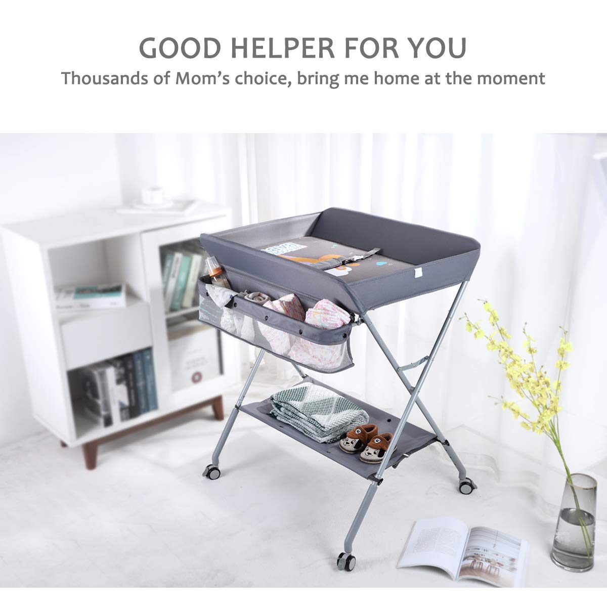 Baby Changing Table Portable Folding Diaper Changing Station with Wheels