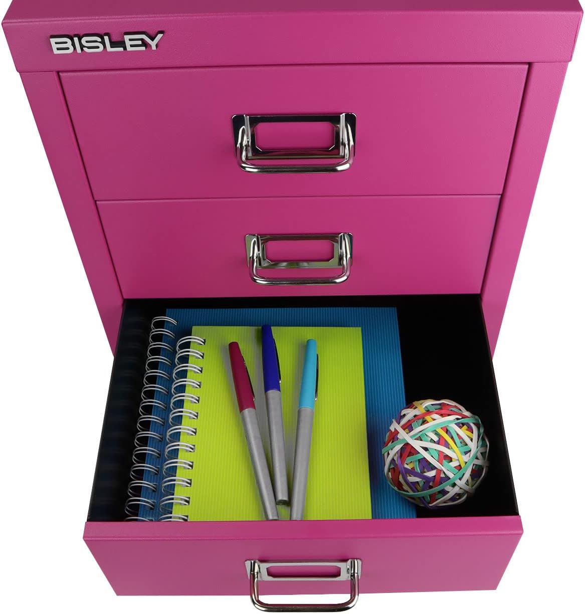 5-Drawer Steel MultiDrawer Cabinet - Orange, by Bisley | Chrome Pull Handles with Label Holders, Powder-Coated Steel, Removable Drawers, Desktop Storage, Labels Included