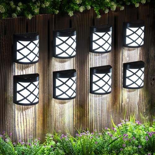GIGALUMI 8 Pack Solar Fence Light Cold White Porch Solar Powered Decor Outdoor Waterproof Wall Fence Lights for Garden, Yard, Patio, Front Door