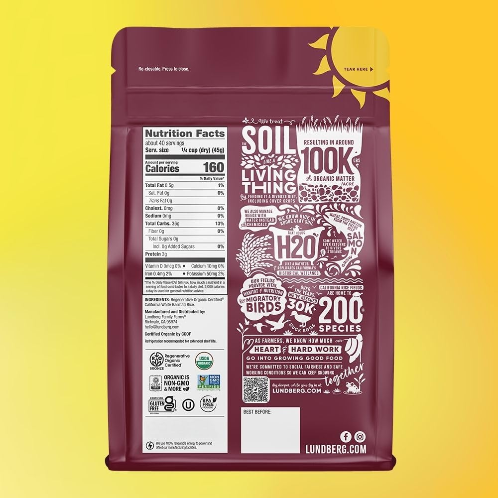 Lundberg Basmati Rice, Long Grain White Rice - Non-Sticky, Fluffy, Nutty, Aromatic Rice, Vegan Food, Healthy Meals, Gluten-Free, Grown in California, 64 Oz