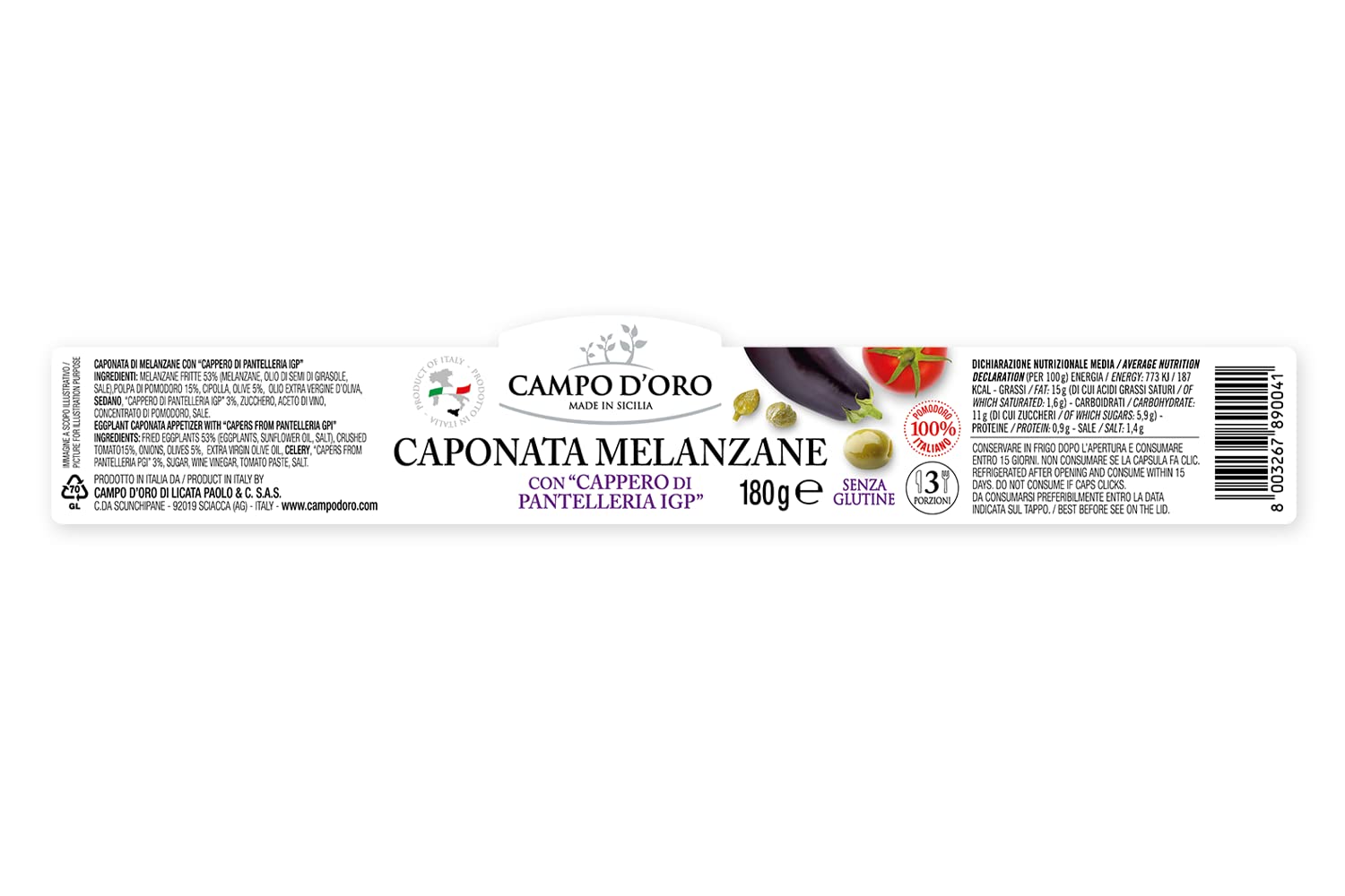 CAMPO D'ORO - Sicilian Eggplant Caponata, Glass Jar 6.3 oz (180g)