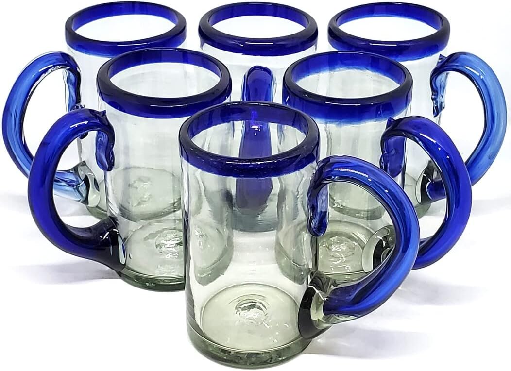 Cobalt Blue Rim 16 oz Pint Glasses (set of 6), Recycled Glass, Lead-free, Toxin-Free (16oz Pint)